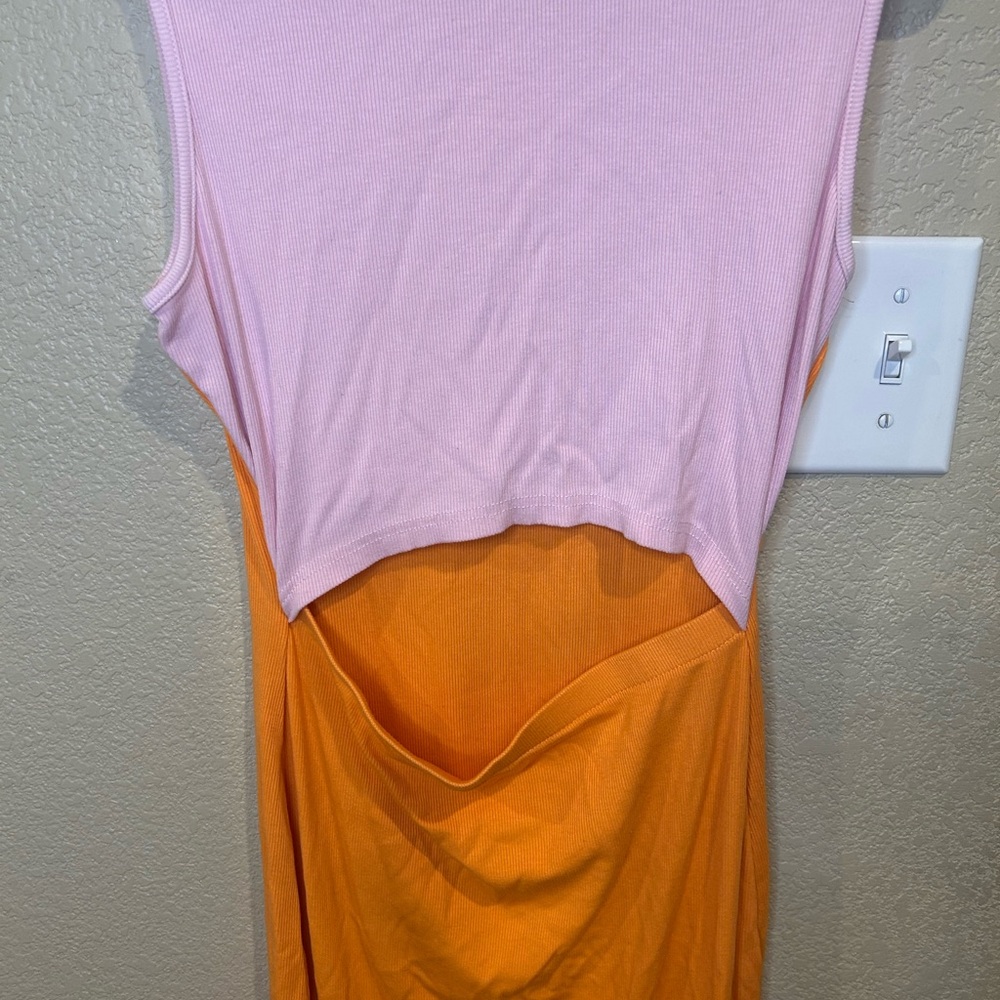 Orange and Pink Midi Cutout Dress Size L Vacation Colorblock Beach - Picture 7 of 8